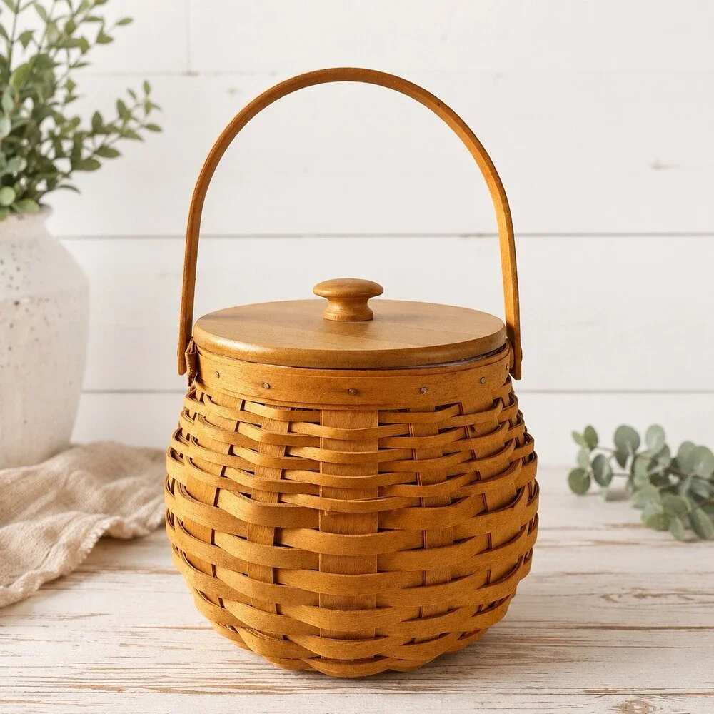 Longaberger Handwoven Basket Wood Lid Plastic Liner Swing Handle Dresden Ohio
